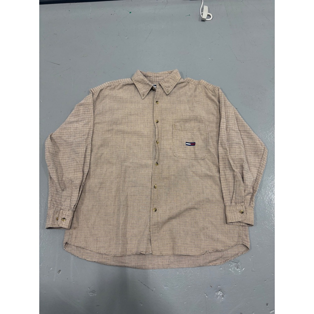 Tommy Hilfiger Mens XL Tan Micro Check Plaid Long Sleeve Button Shirt Cotton